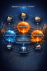 Core insurance platform systems and integration layer diagram.