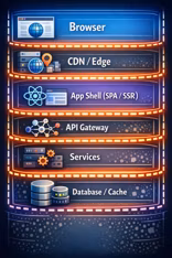 Modern web architecture stack from browser and edge to APIs, services, and data.