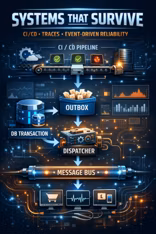 Operability visuals: CI/CD pipeline, distributed tracing, and transactional outbox pattern.